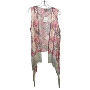 Nekane Tanit Embroidered Boho Fringe Asymmetric Vest Ivory Pink Orange S/M NWT